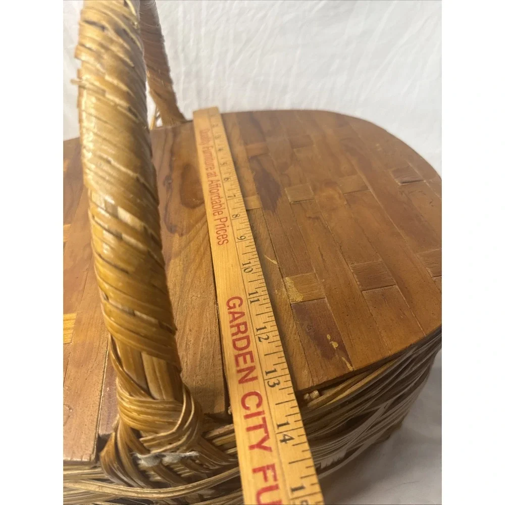 Vintage MCM Woven Split Wicker Rattan Wooden Flip Top Picnic Basket Travel Food